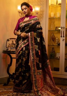 Black Woven Soft Silk Saree Set