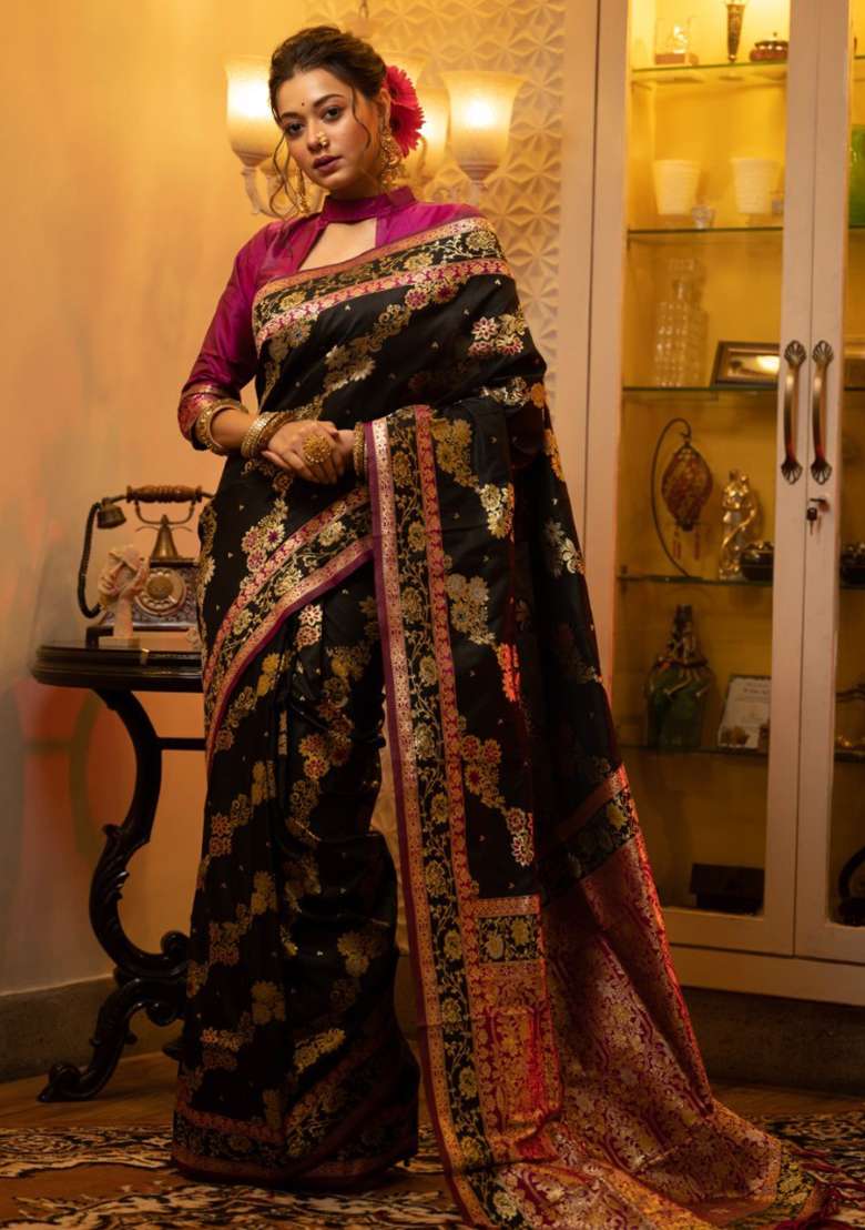 Black Woven Soft Silk Saree Set for Diwali | Wedding & Festive Wear - Indya