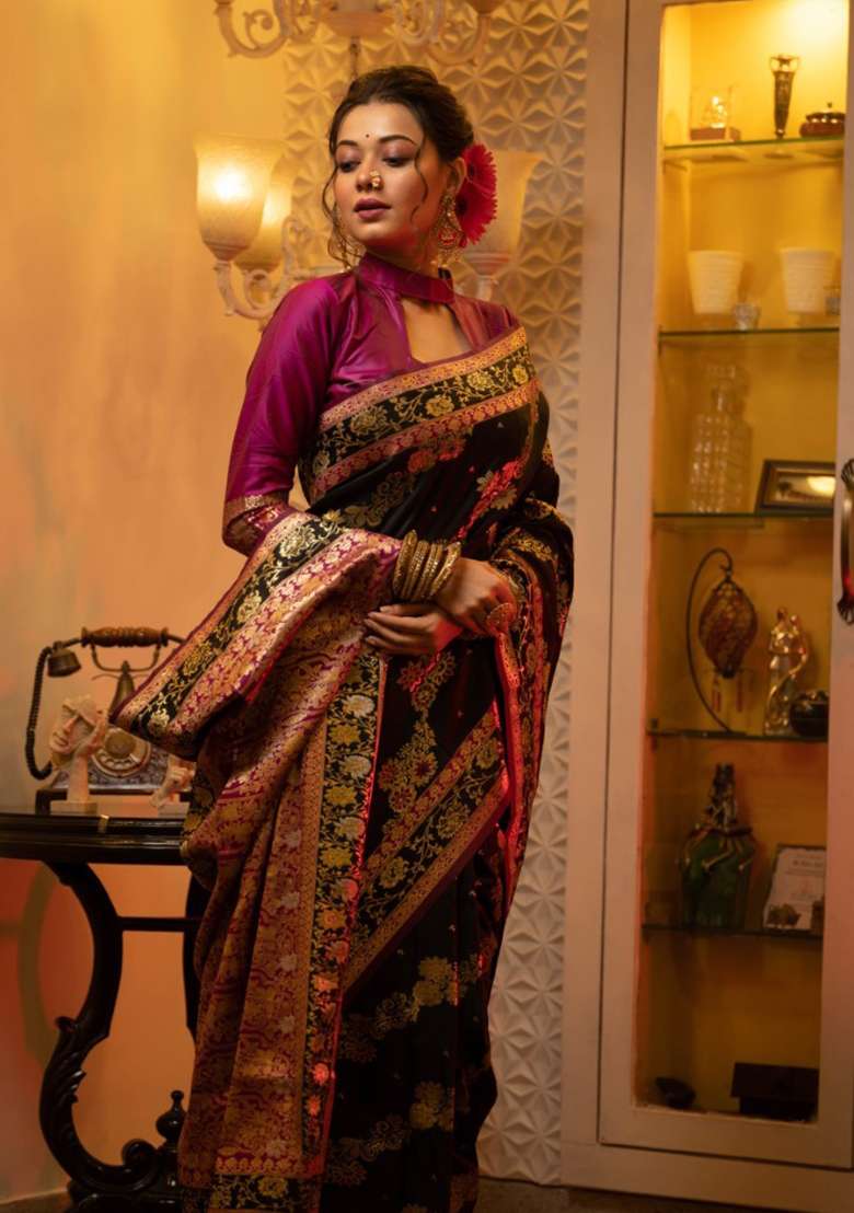 Black Woven Soft Silk Saree Set for Diwali | Wedding & Festive Wear - Indya