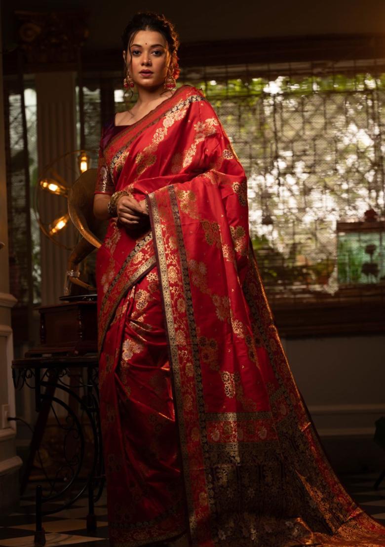 Red Woven Soft Silk Saree Set