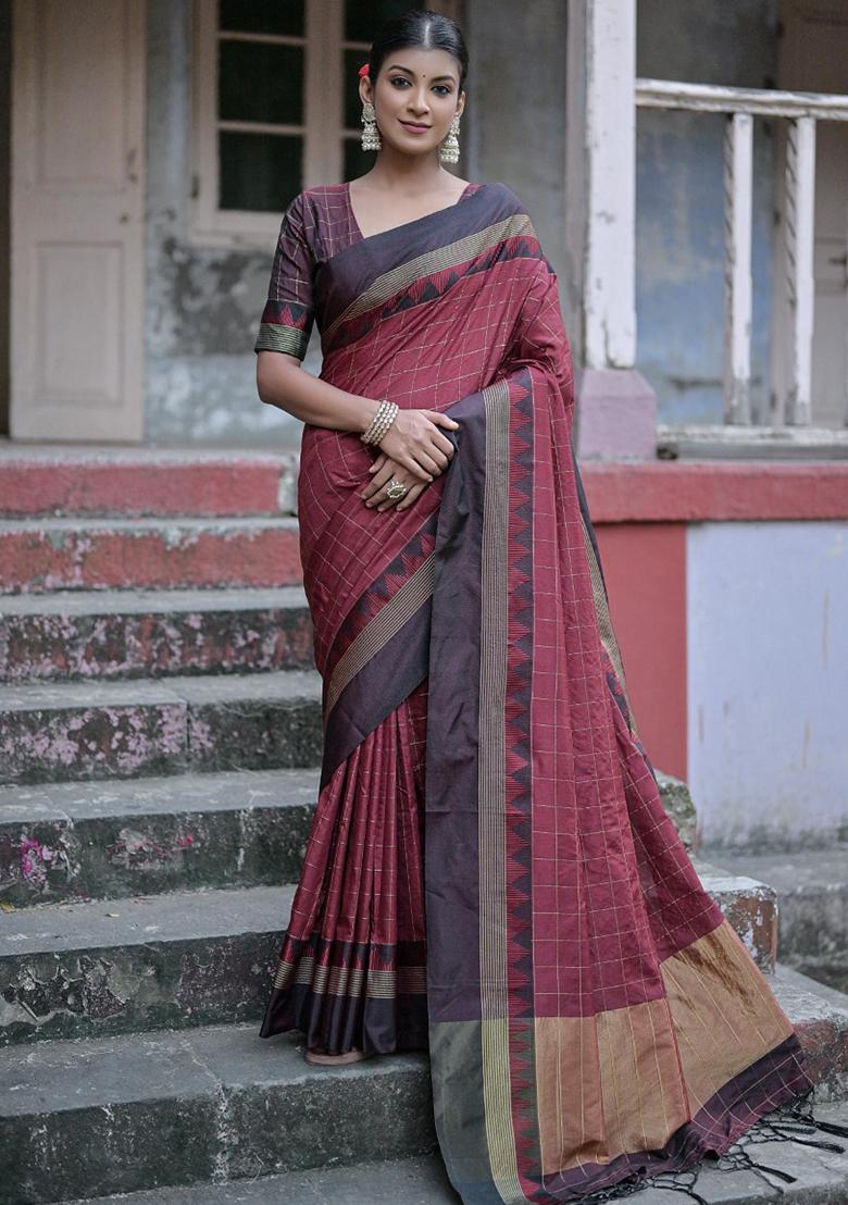 Maroon Zari Woven Raw Silk Saree Set