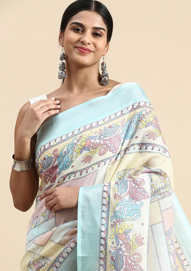 Sea Green Printed Cotton Saree Set