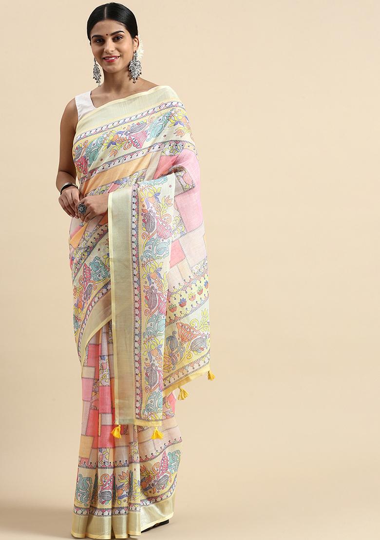 Yellow Printed Cotton Saree Set