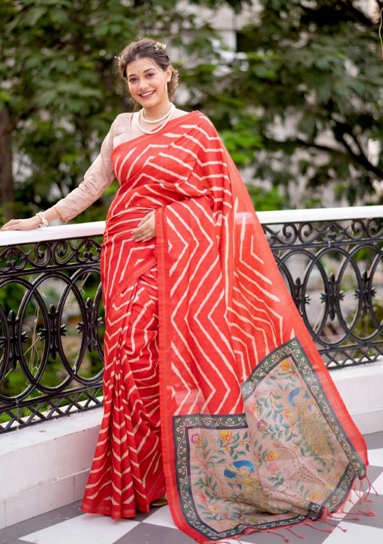 Red Zari Woven Tussar Silk Saree Set for Diwali | Wedding & Festive Wear - Indya