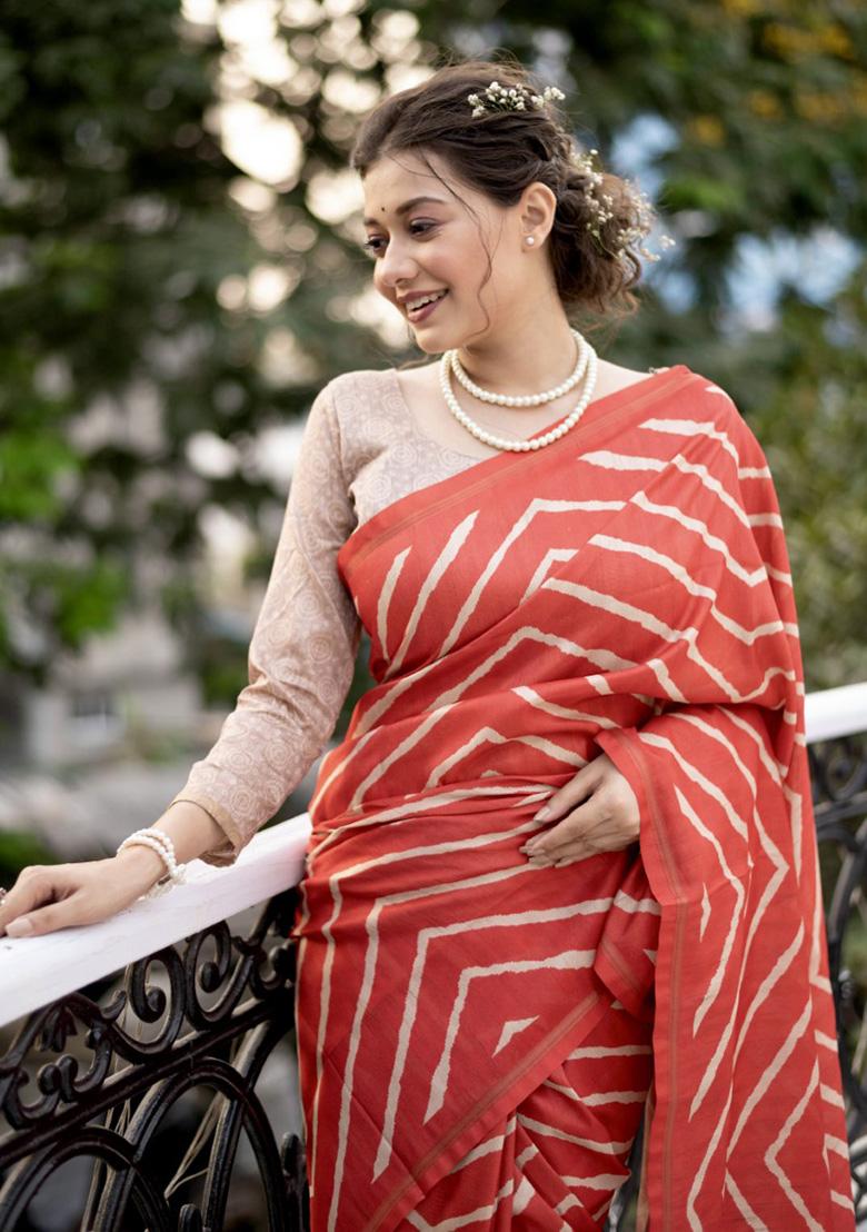 Red Zari Woven Tussar Silk Saree Set