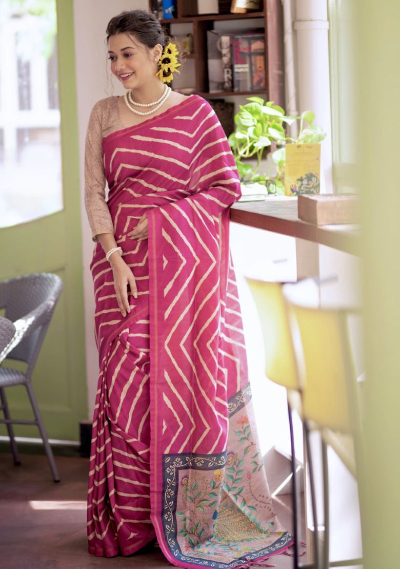 Pink Zari Woven Tussar Silk Saree Set