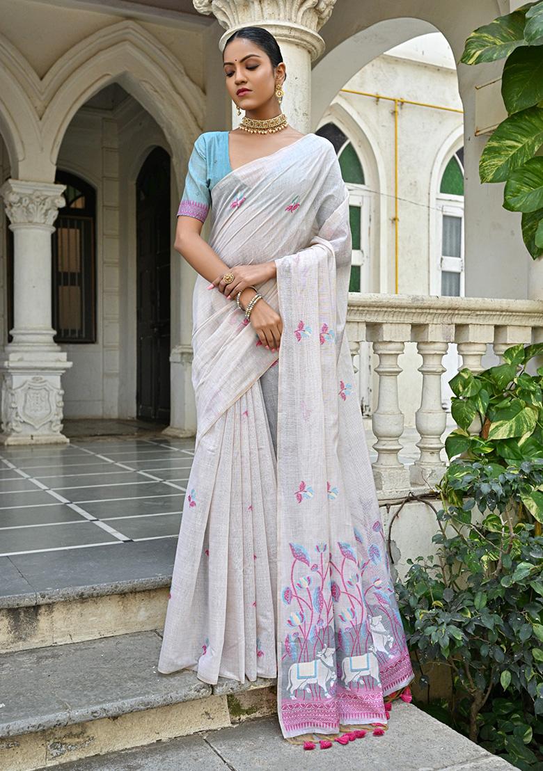 Pink Contrast Printed Muga Silk Saree Set