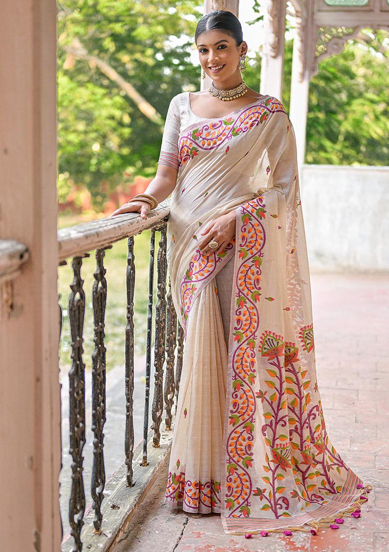 Wine Contrast Printed Muga Silk Saree Set