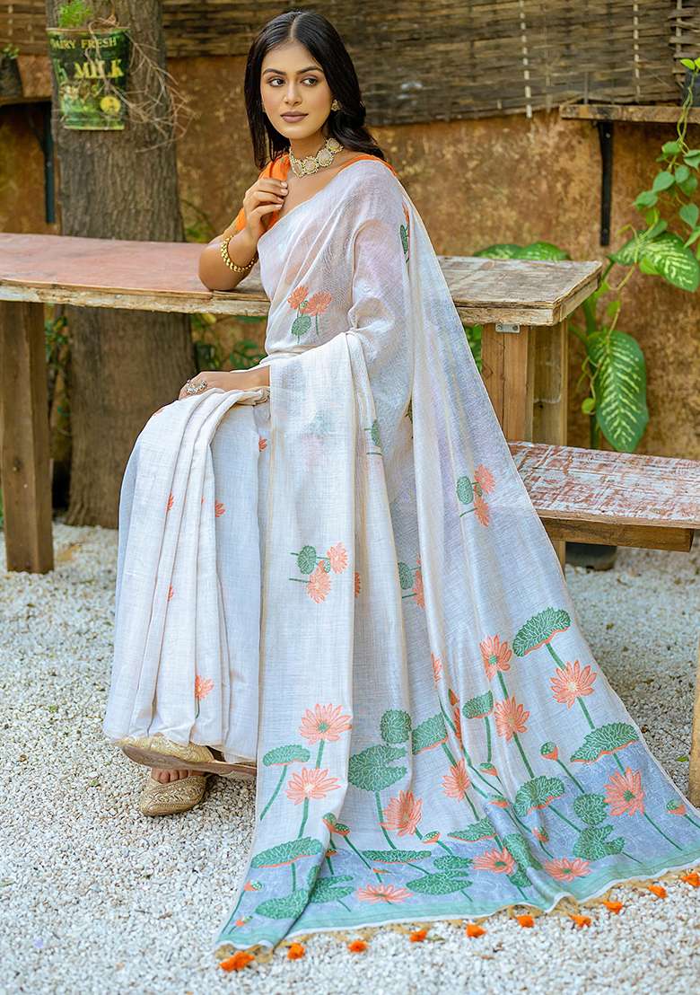 Orange Contrast Muga Silk Saree Set with Printed for Diwali | Wedding & Festive Wear - Indya