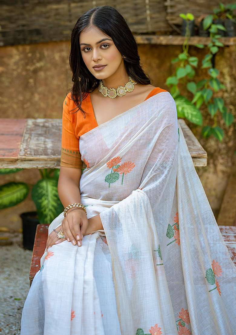 Orange Contrast Muga Silk Saree Set with Printed for Diwali | Wedding & Festive Wear - Indya