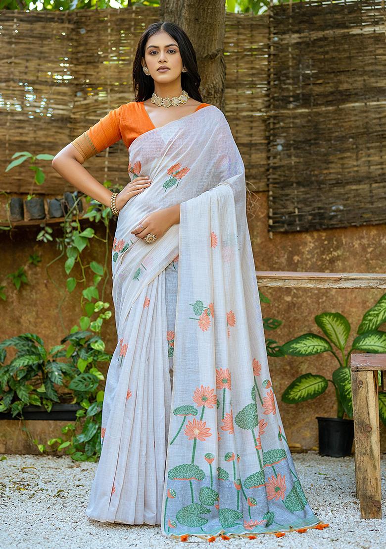 Orange Contrast Printed Muga Silk Saree Set