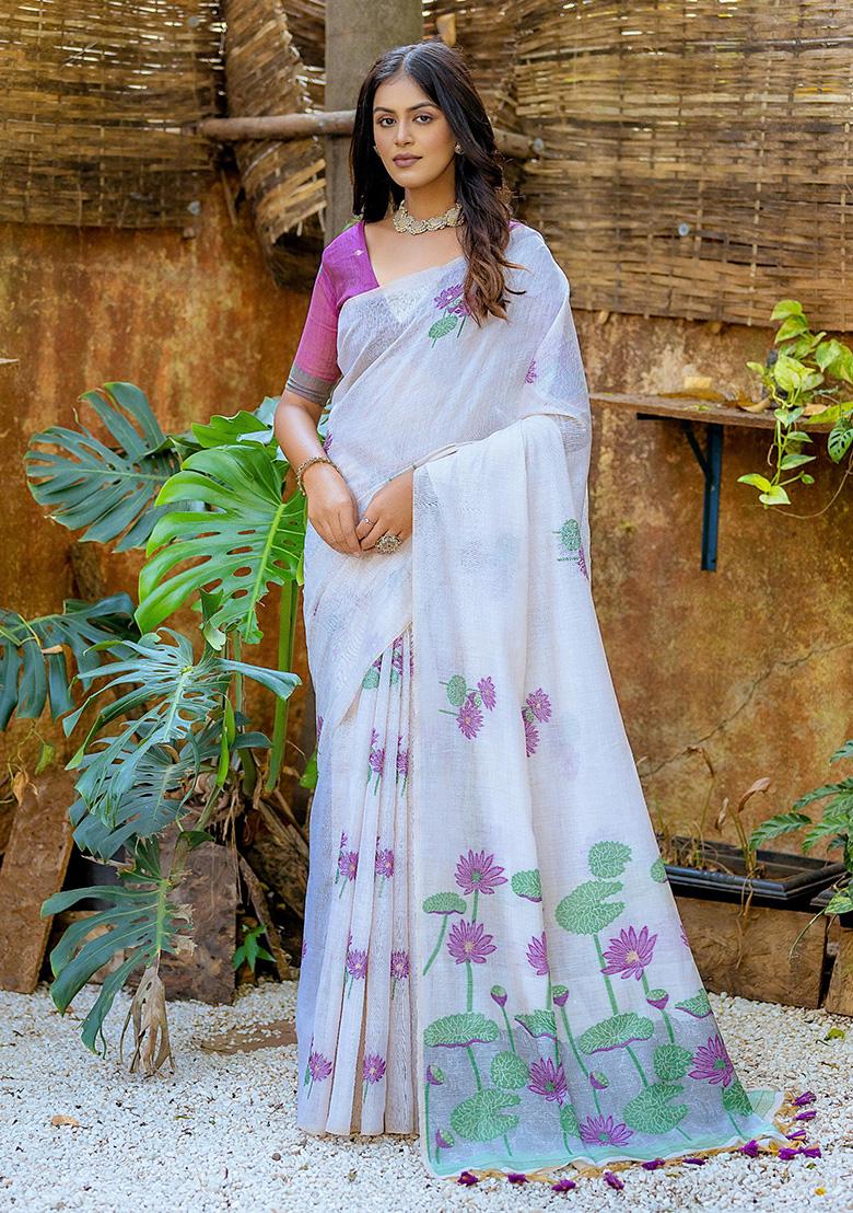 Wine Contrast Printed Muga Silk Saree Set