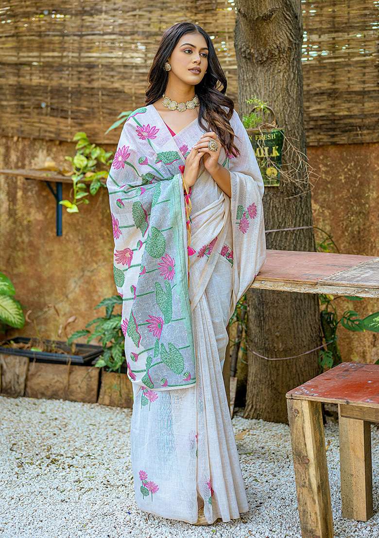 Pink Contrast Muga Silk Saree Set with Printed for Diwali | Wedding & Festive Wear - Indya