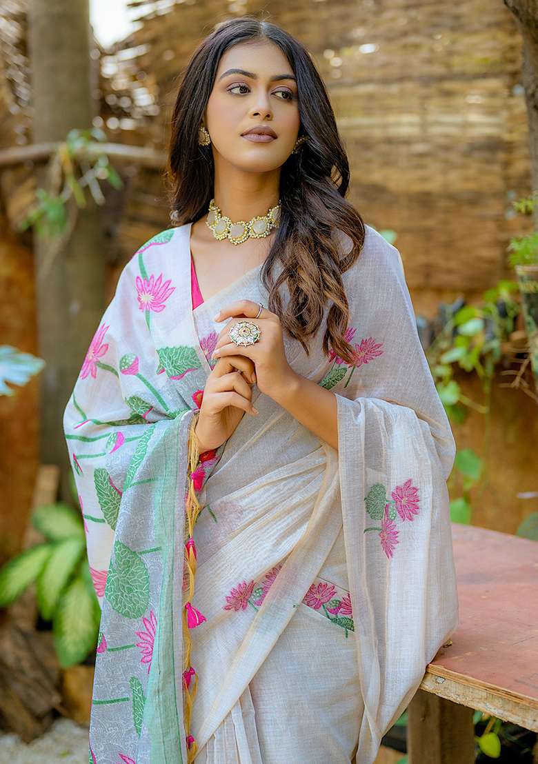 Pink Contrast Muga Silk Saree Set with Printed for Diwali | Wedding & Festive Wear - Indya