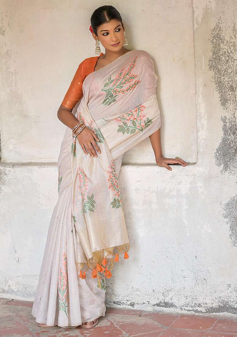 Orange Zari Woven Muga Cotton Saree Set for Diwali and Festive Wear - Indya