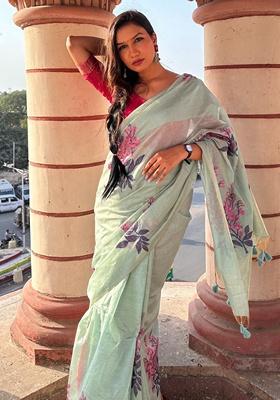 Sea Green Zari Woven Muga Cotton Saree Set