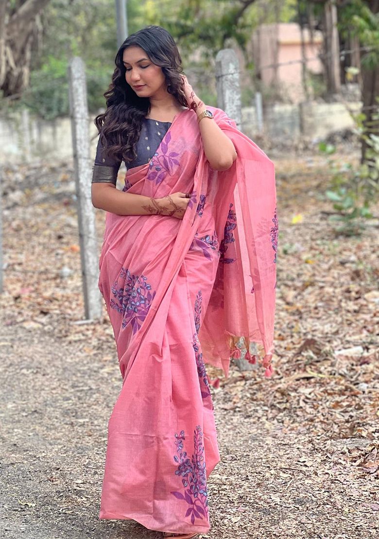 Pink Zari Woven Muga Cotton Saree Set