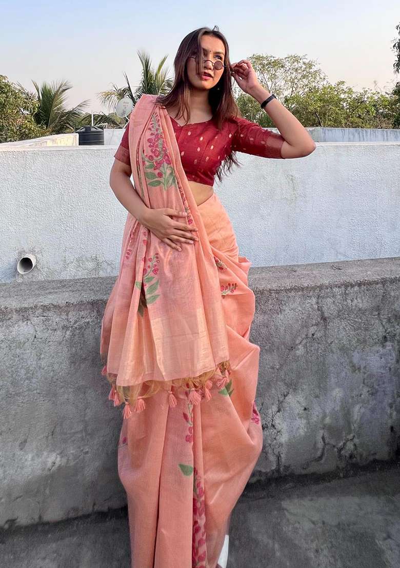 Peach Zari Woven Muga Cotton Saree Set for Diwali and Festive Wear - Indya