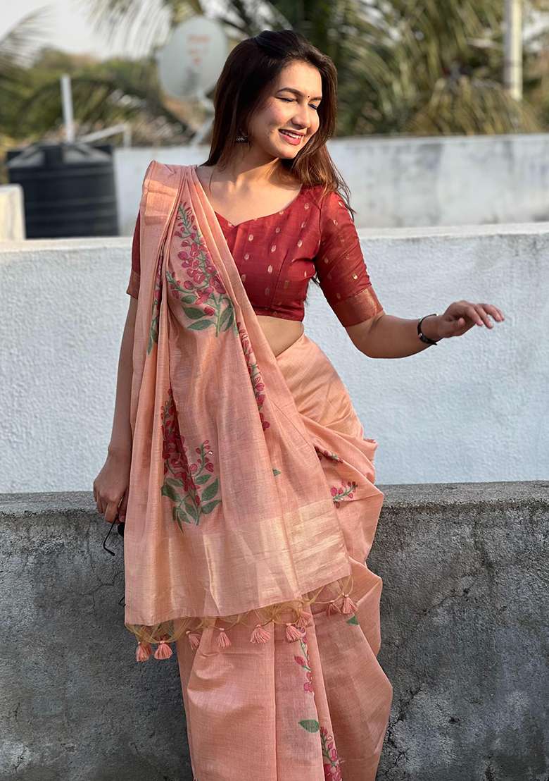 Peach Zari Woven Muga Cotton Saree Set for Diwali and Festive Wear - Indya