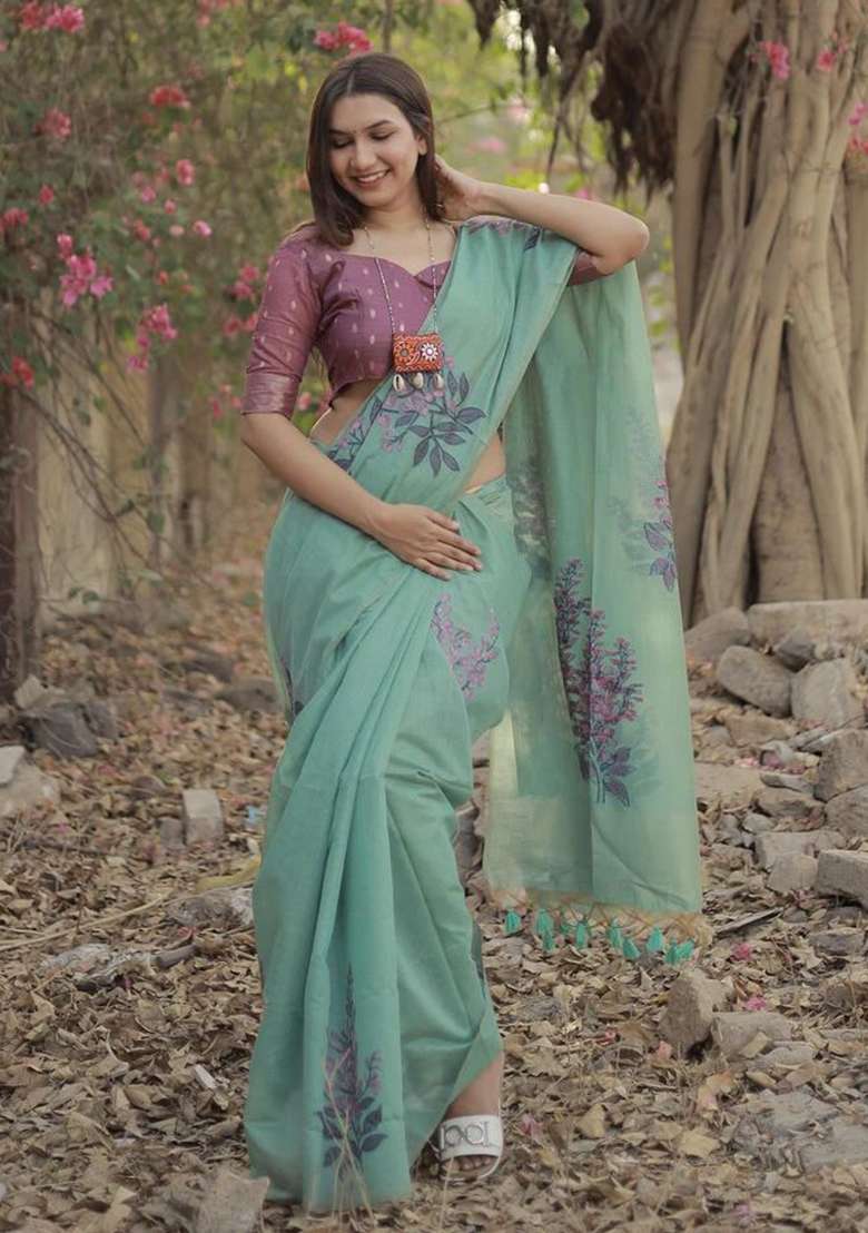 Teal Zari Woven Muga Cotton Saree Set for Diwali | Wedding & Festive Wear - Indya