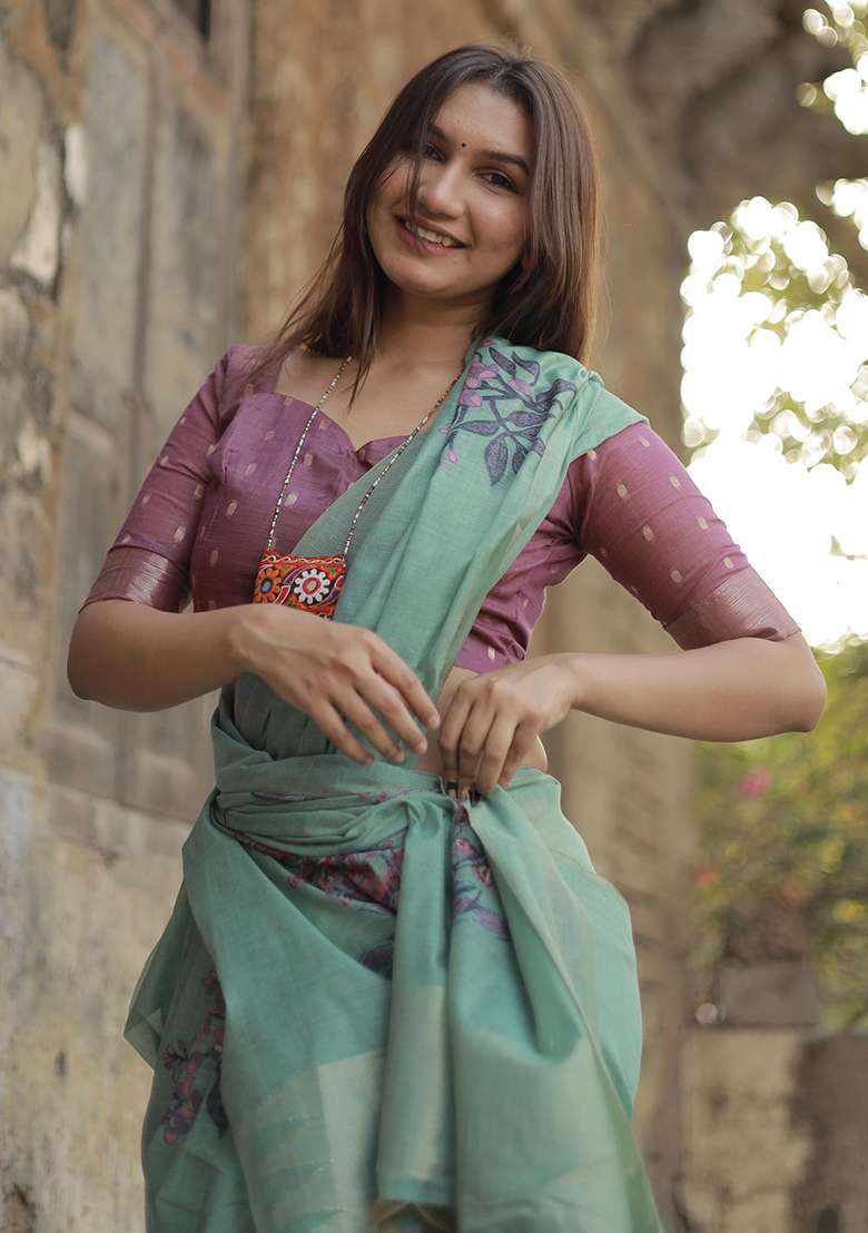 Teal Zari Woven Muga Cotton Saree Set for Diwali | Wedding & Festive Wear - Indya