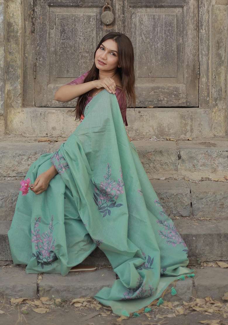 Teal Zari Woven Muga Cotton Saree Set for Diwali | Wedding & Festive Wear - Indya