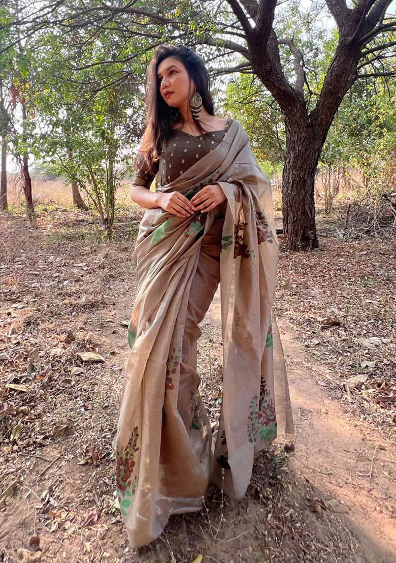 Grey Zari Woven Muga Cotton Saree Set for Diwali | Wedding & Festive Wear - Indya