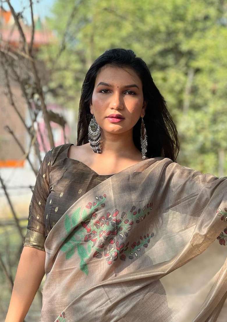 Grey Zari Woven Muga Cotton Saree Set for Diwali | Wedding & Festive Wear - Indya