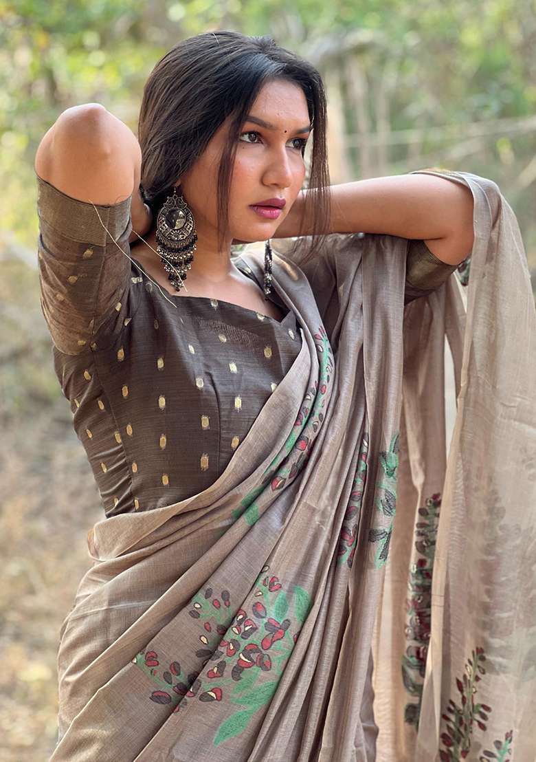 Grey Zari Woven Muga Cotton Saree Set for Diwali | Wedding & Festive Wear - Indya