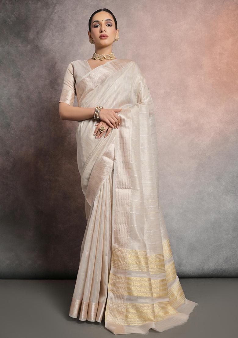 Cream Zari Woven Mulberry Silk Saree Set