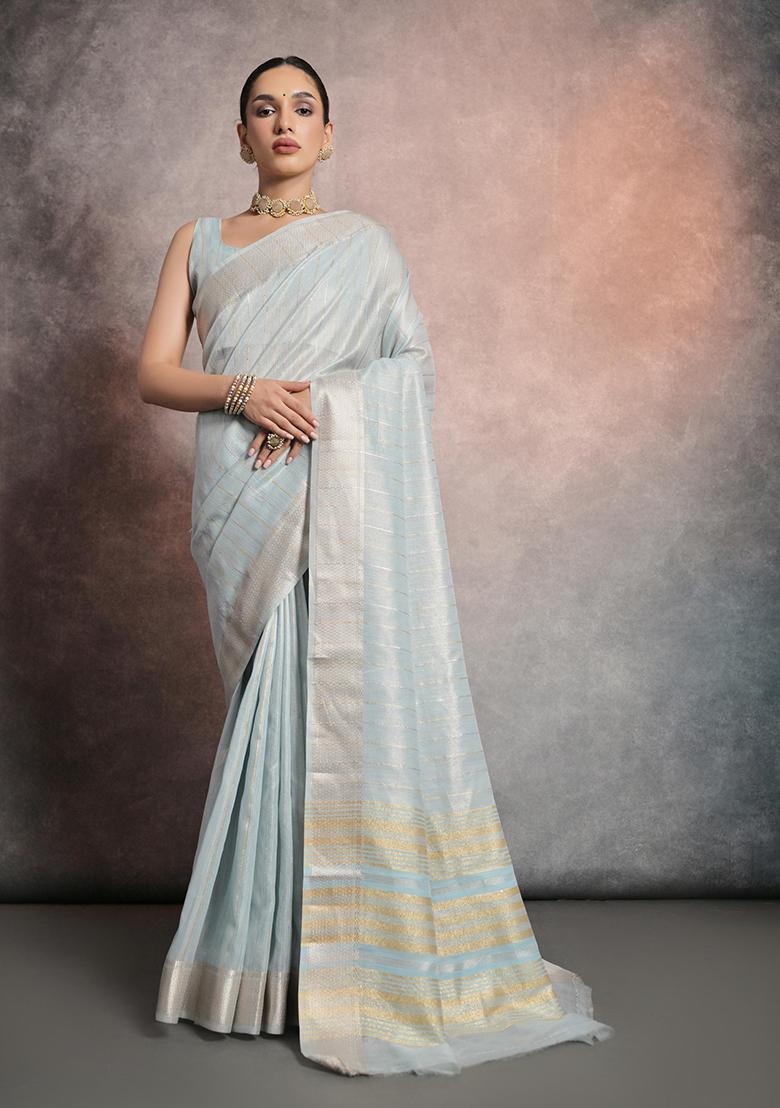 Firozi Zari Woven Mulberry Silk Saree Set