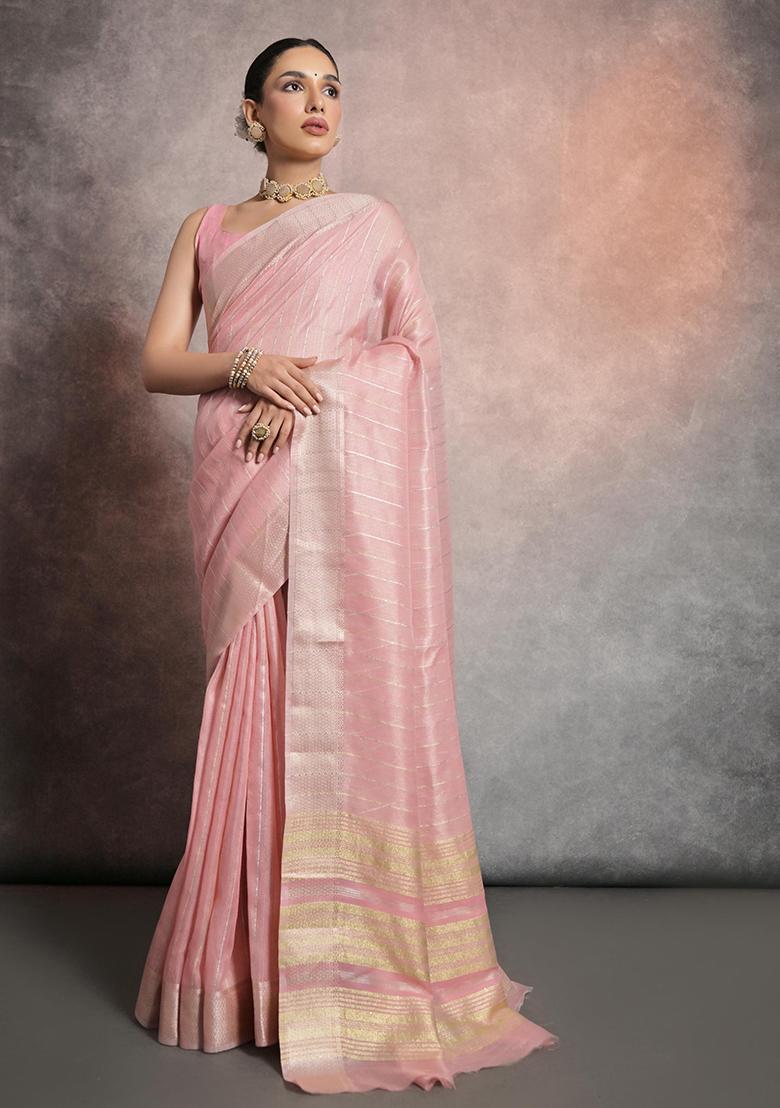 Pink Zari Woven Mulberry Silk Saree Set