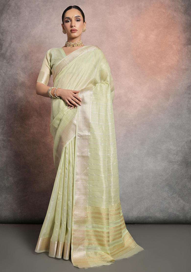 Pista Green Zari Woven Mulberry Silk Saree Set