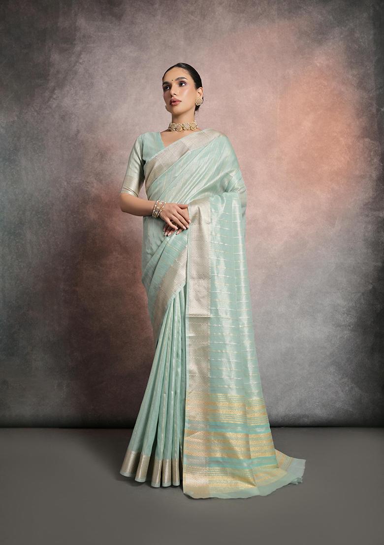 Sea Green Zari Woven Mulberry Silk Saree Set