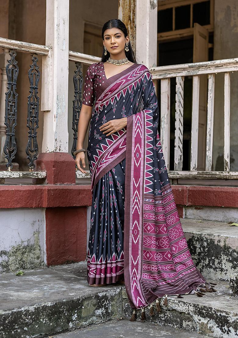 Black Zari Woven Tussar Silk Saree Set