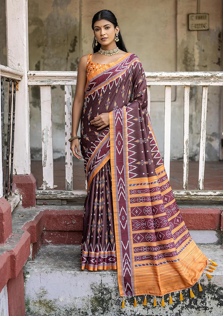 Coffee Brown Zari Woven Tussar Silk Saree Set