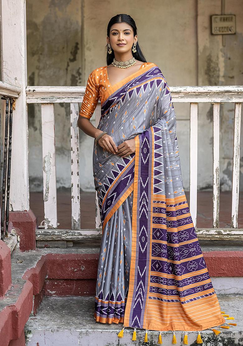 Grey Zari Woven Tussar Silk Saree Set