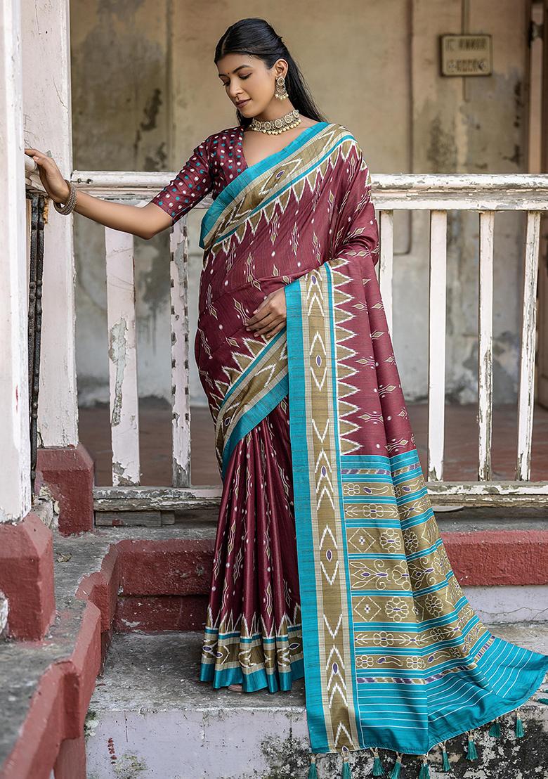 Maroon Zari Woven Tussar Silk Saree Set