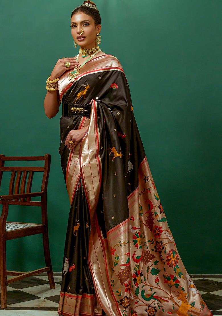 Black Zari Woven Paithani Silk Saree Set