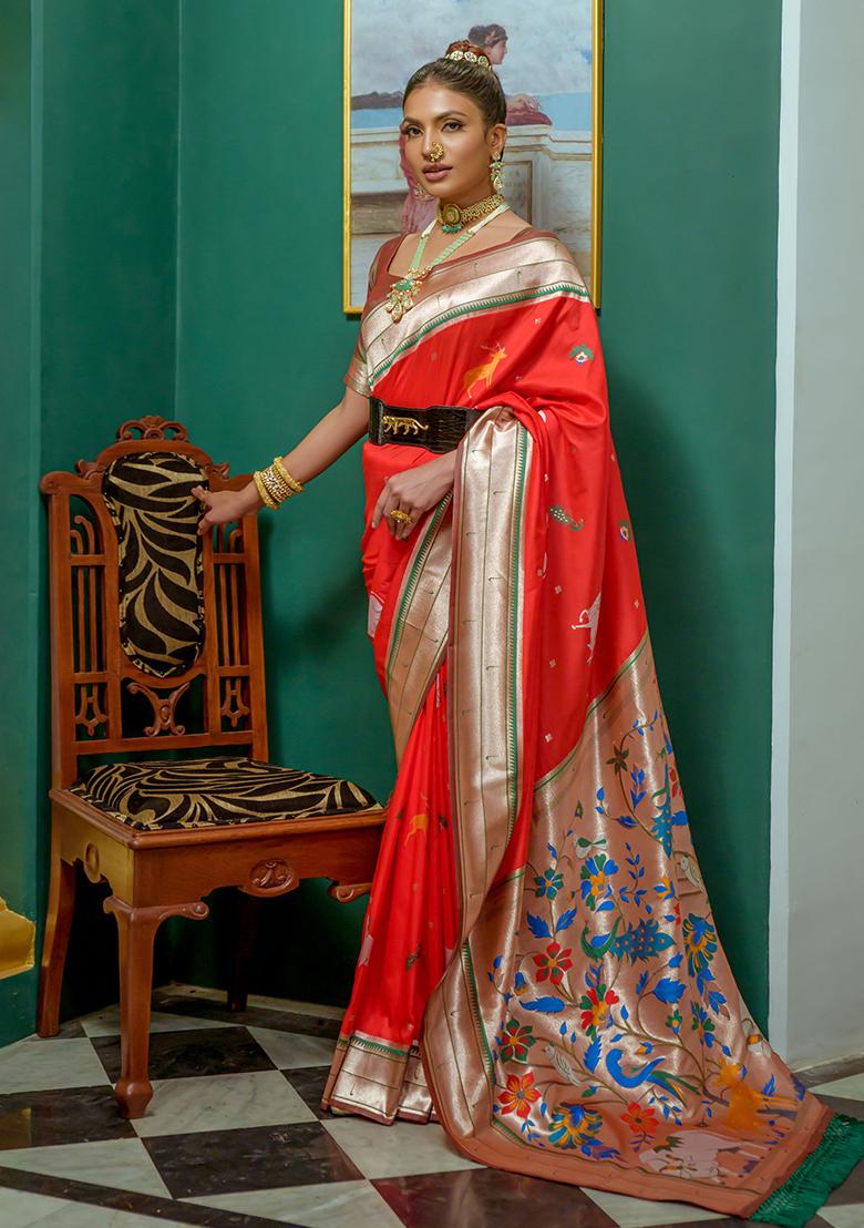 Red Zari Woven Paithani Silk Saree Set