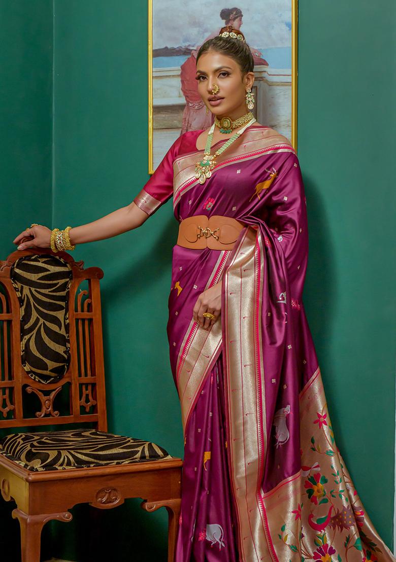 Wine Zari Woven Paithani Silk Saree Set