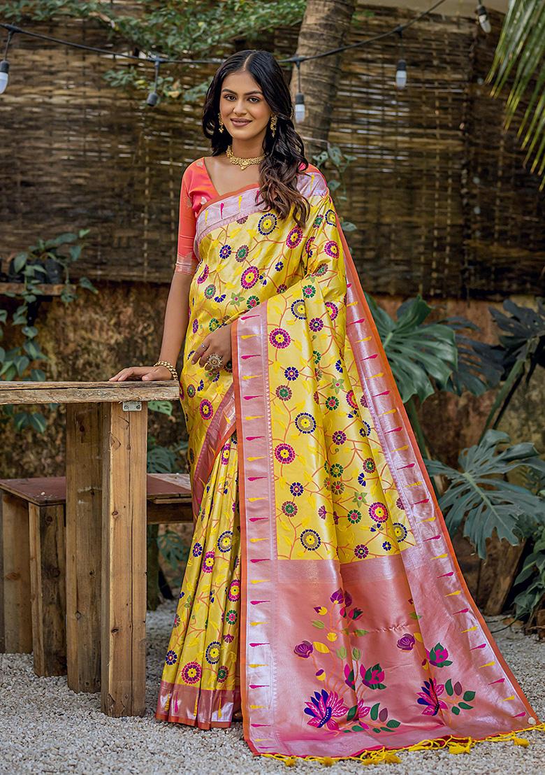 Yellow Zari Woven Banarasi Silk Saree Set