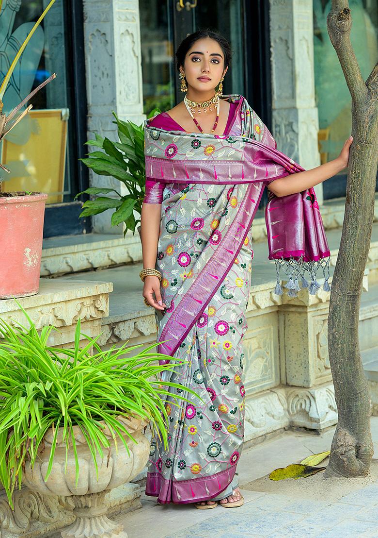 Grey Zari Woven Banarasi Silk Saree Set