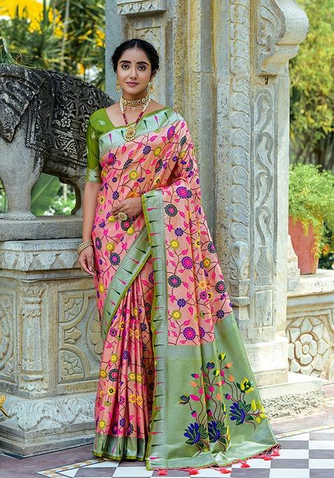 Orange Zari Woven Banarasi Silk Saree Set