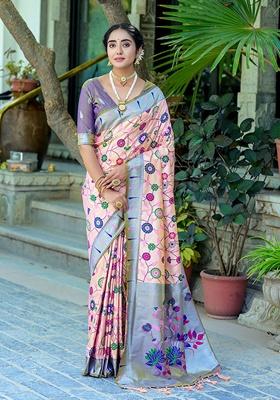 Peach Zari Woven Banarasi Silk Saree Set
