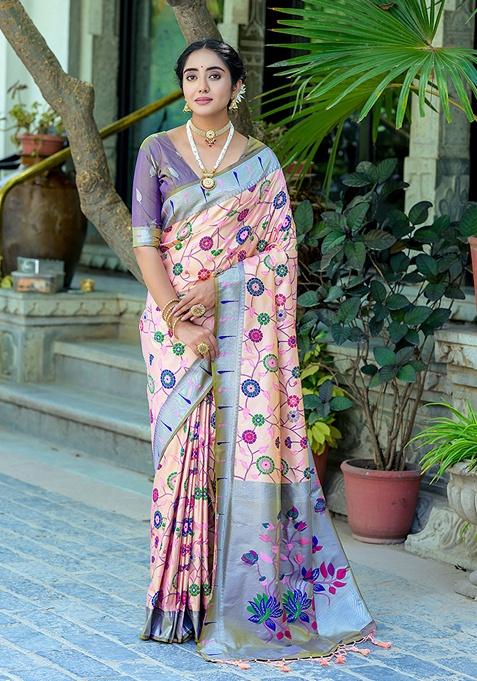 Peach Zari Woven Banarasi Silk Saree Set