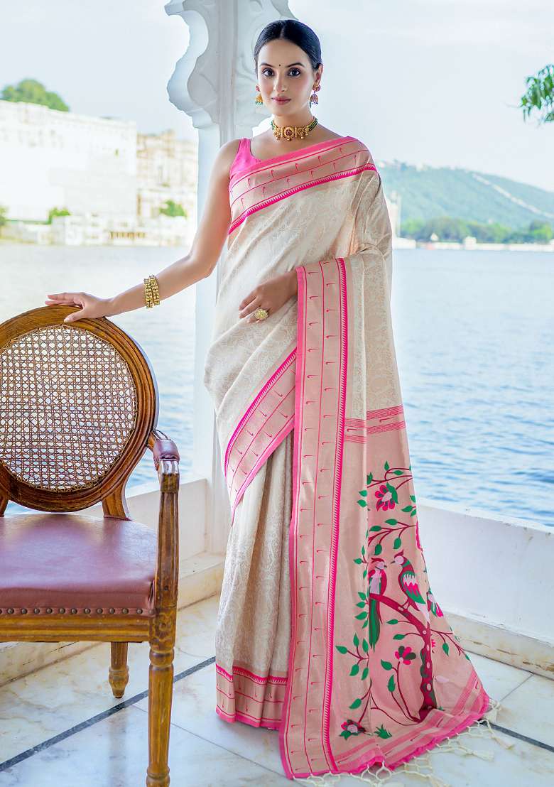 Pink Zari Woven Faux Kanjivaram Silk Saree Set for Diwali and Festive Wear - Indya