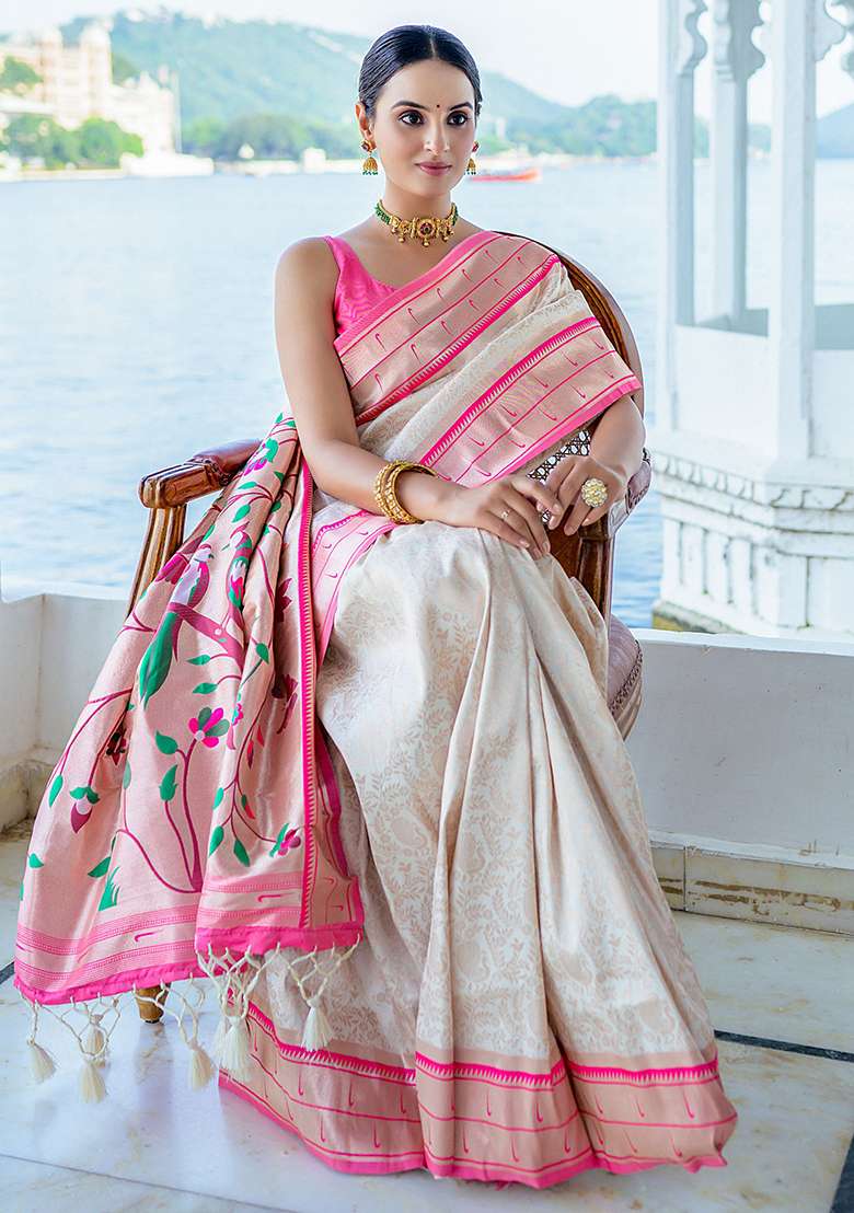 Pink Zari Woven Faux Kanjivaram Silk Saree Set for Diwali and Festive Wear - Indya