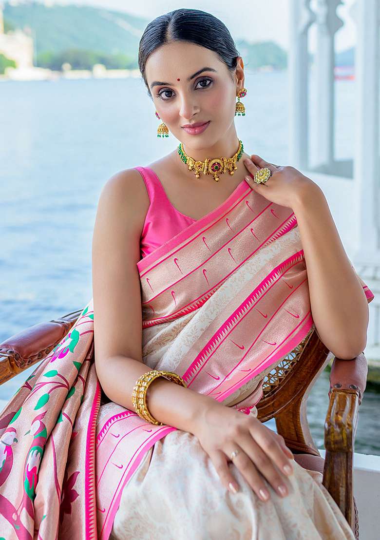 Pink Zari Woven Faux Kanjivaram Silk Saree Set for Diwali and Festive Wear - Indya