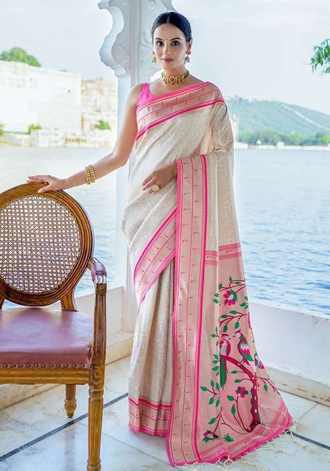 Pink Zari Woven Faux Kanjivaram Silk Saree Set for Diwali and Festive Wear